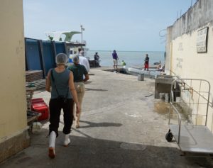 SALT staff Amy West follows lobster fishery workers outside the plant.