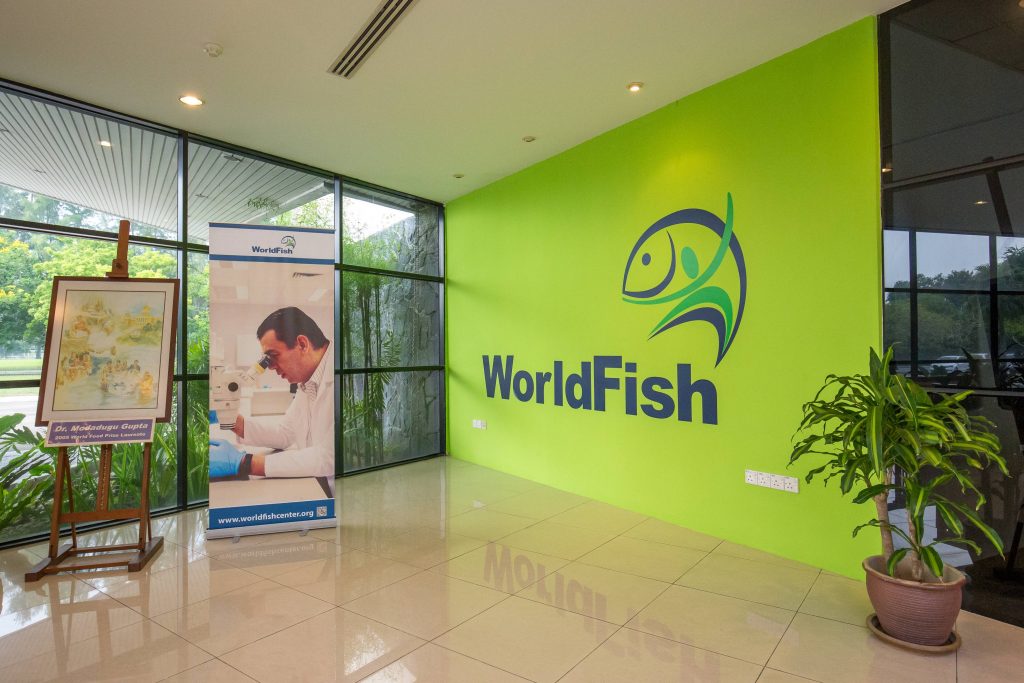 Lobby showing the WorldFish logo and posters for the World Seafood Congress