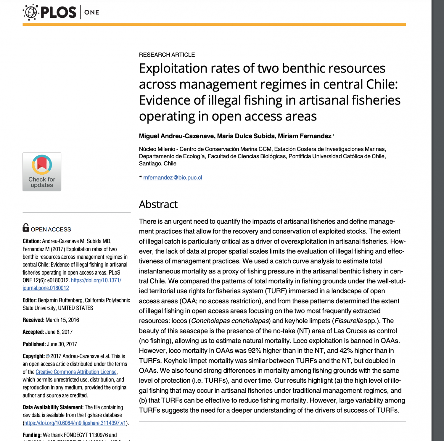 Exploitation rates of resources across management regimes in Chile: Illegal fishing in open access areas