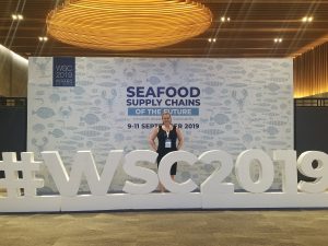 SALT's Jenny Barker in front of World Seafood Congress backdrop