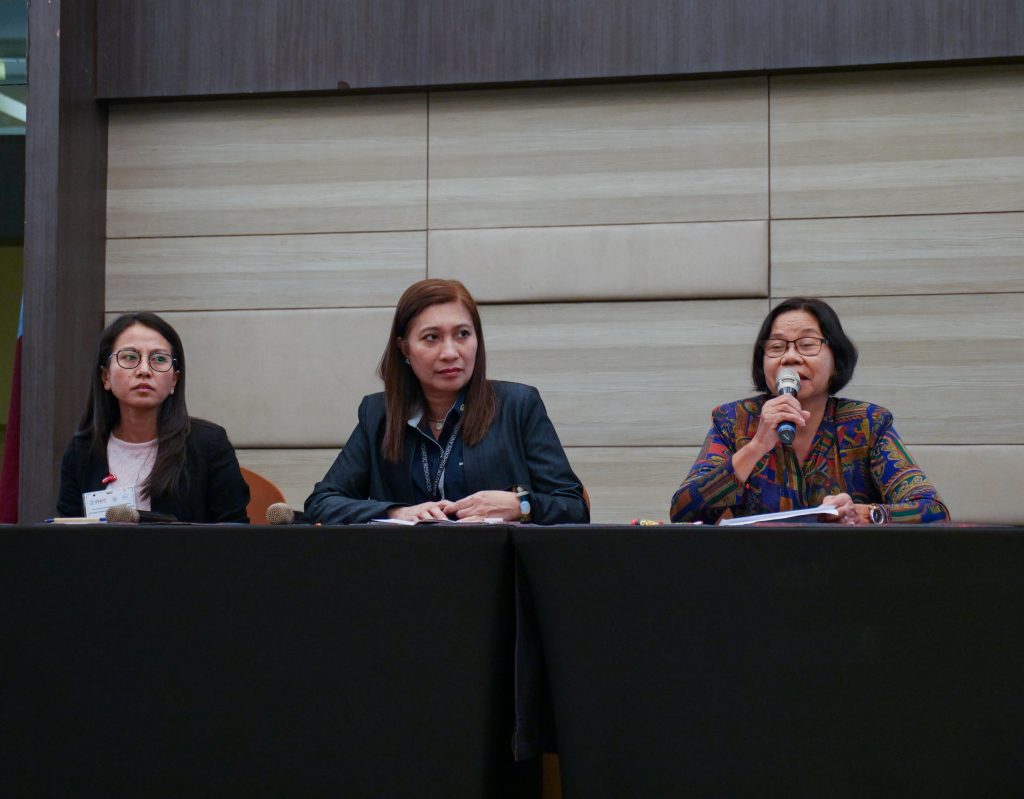 panel showing three women