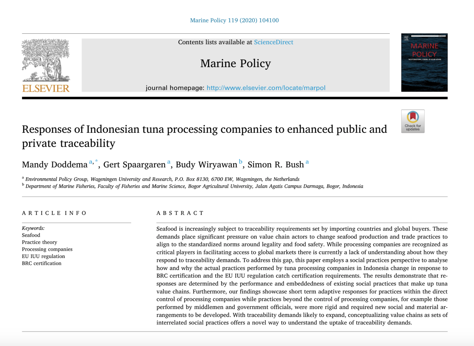 screenshot of title page from Marine Policy Journal includes paper title, authors, and abstract