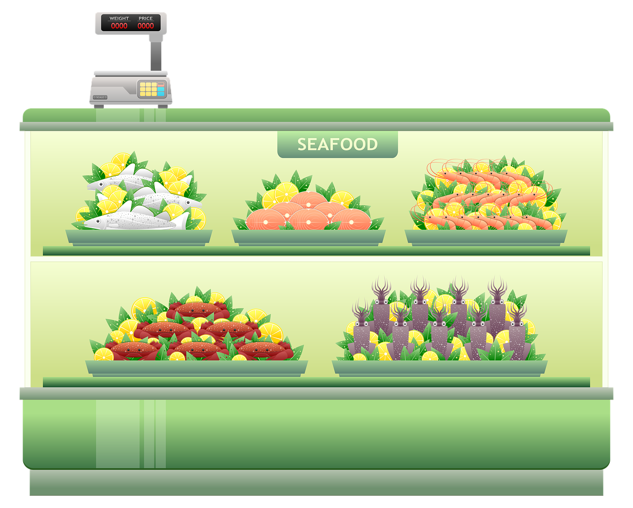 cartoon image of seafood shelf