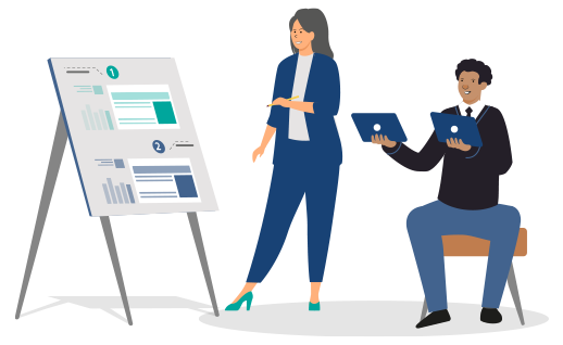 ccartoon of person sitting with another explaining a chart
