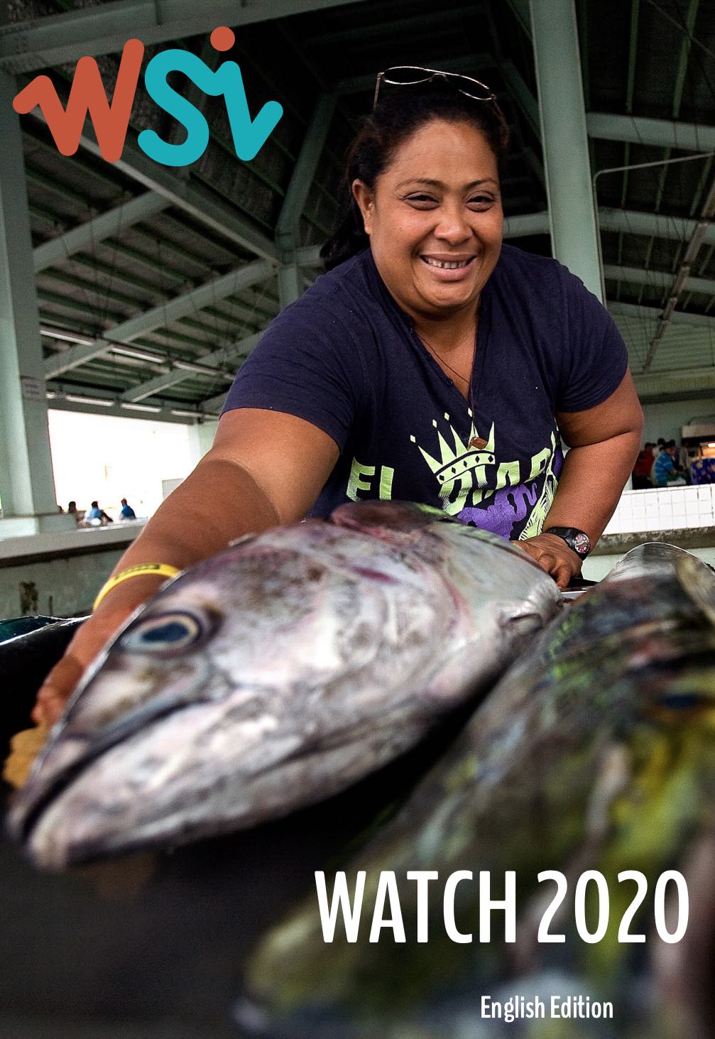 screenshot of report cover with title and picture of a woman smiling with tuna at market