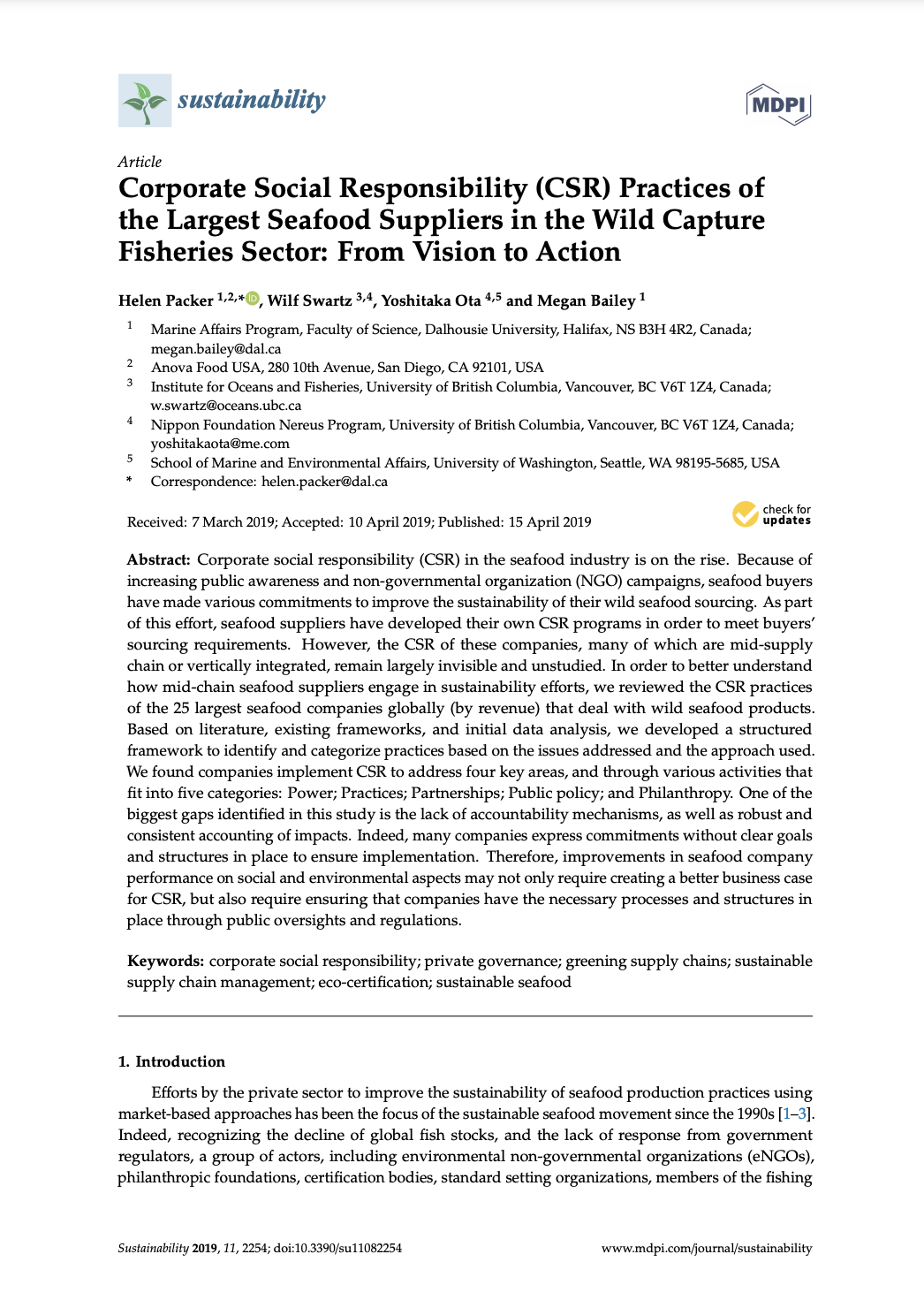 Corporate Social Responsibility Practices of the Largest Seafood Suppliers in the Wild Capture Fisheries Sector