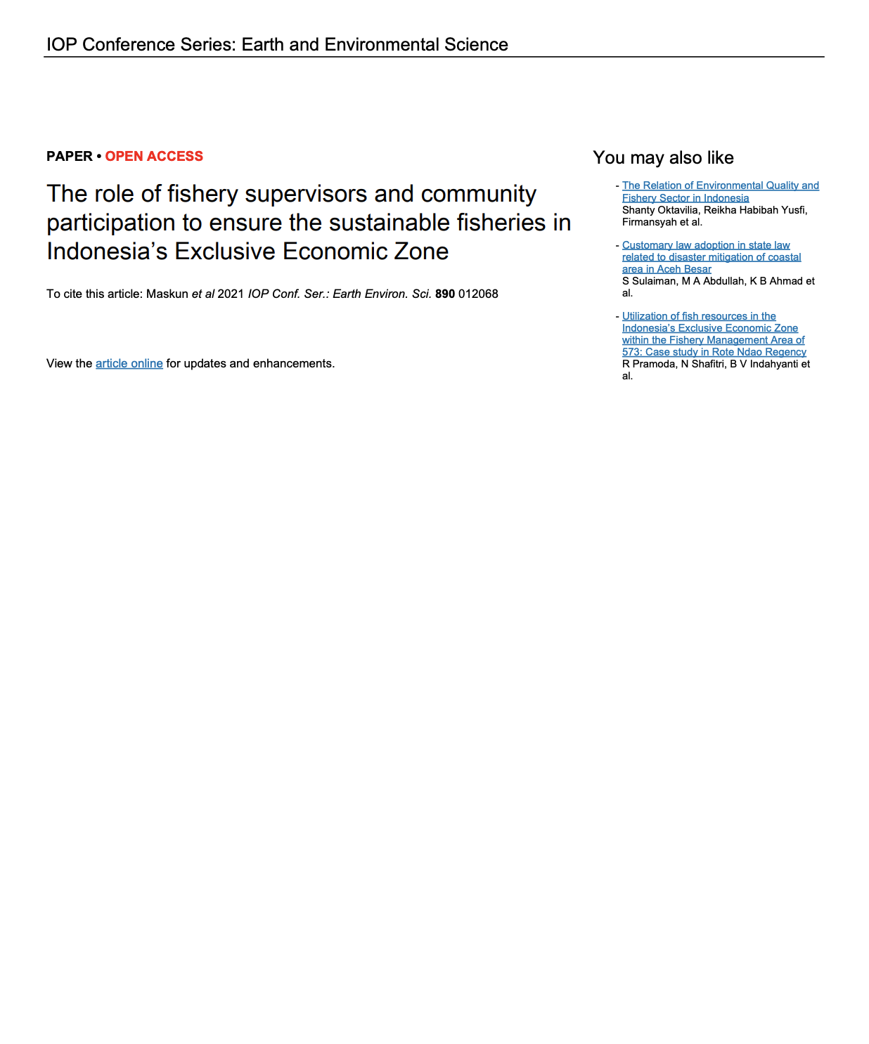 The role of fishery supervisors and community participation to ensure the sustainable fisheries in Indonesia’s EEZ zone