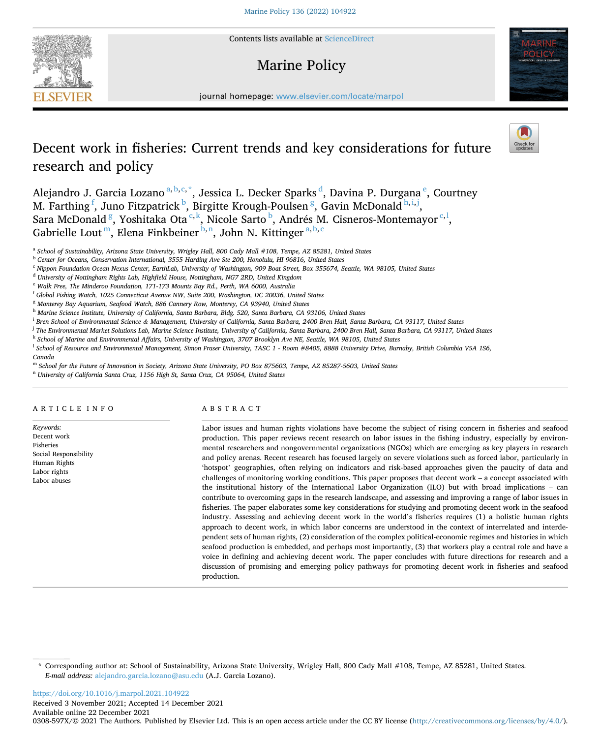 Decent Work in Fisheries: Current Trends and Key Considerations for Future Research and Policy