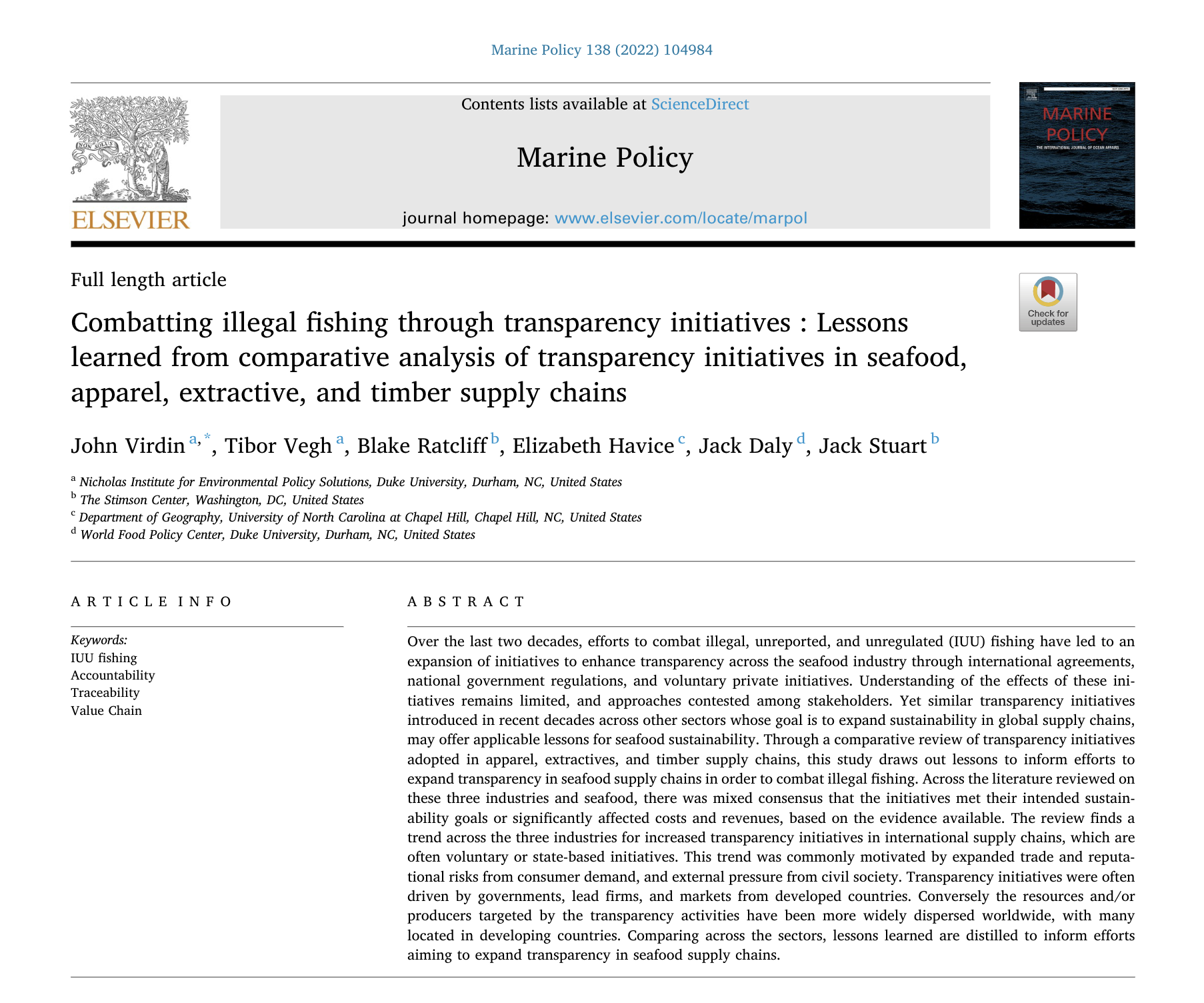 Combatting illegal fishing through transparency initiatives : Lessons learned from comparative analysis of transparency
