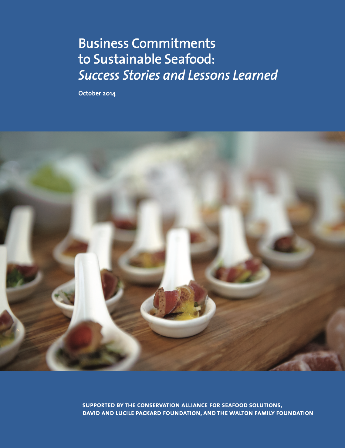 screenshot of report cover with title, funders, and picture of plated seafood