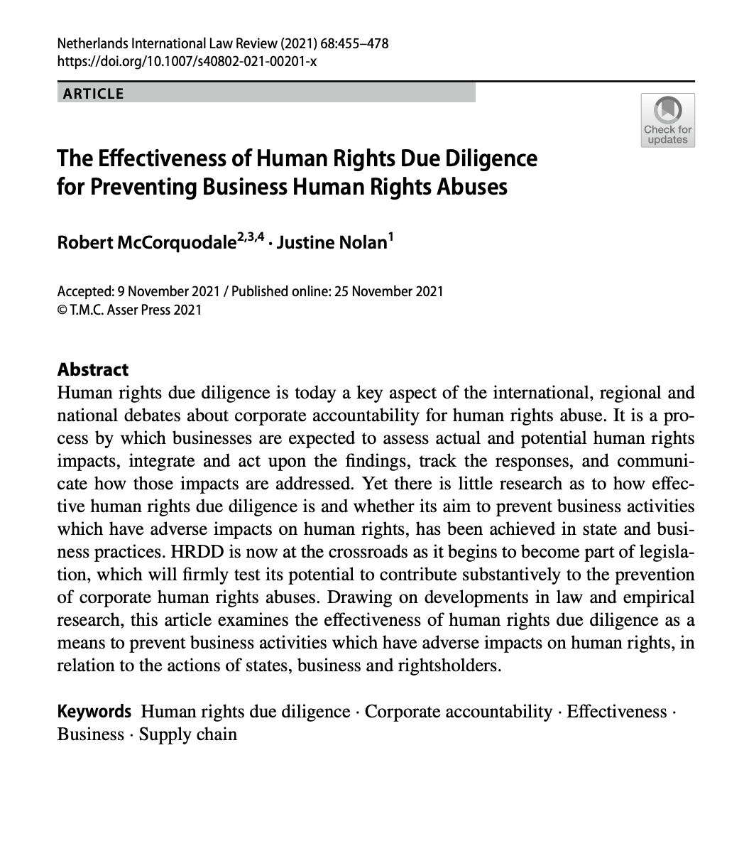 The Effectiveness of Human Rights Due Diligence for Preventing Business Human Rights Abuses
