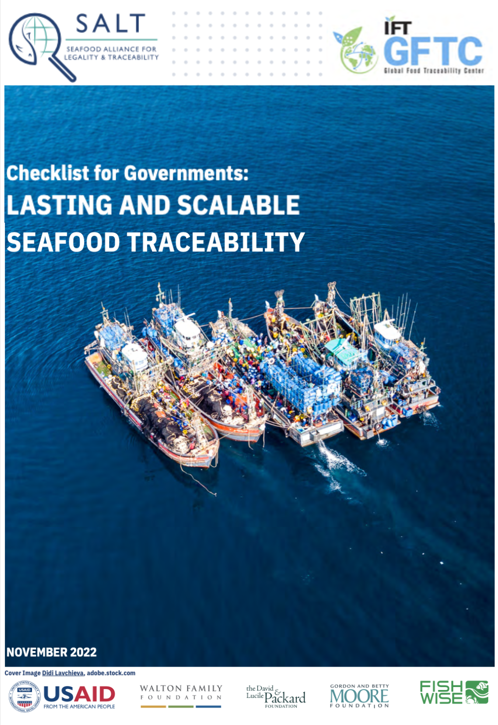Coverpage with title, SALT and IFT logo, SALT funders, and visual of industrial boats rafted up together at sea
