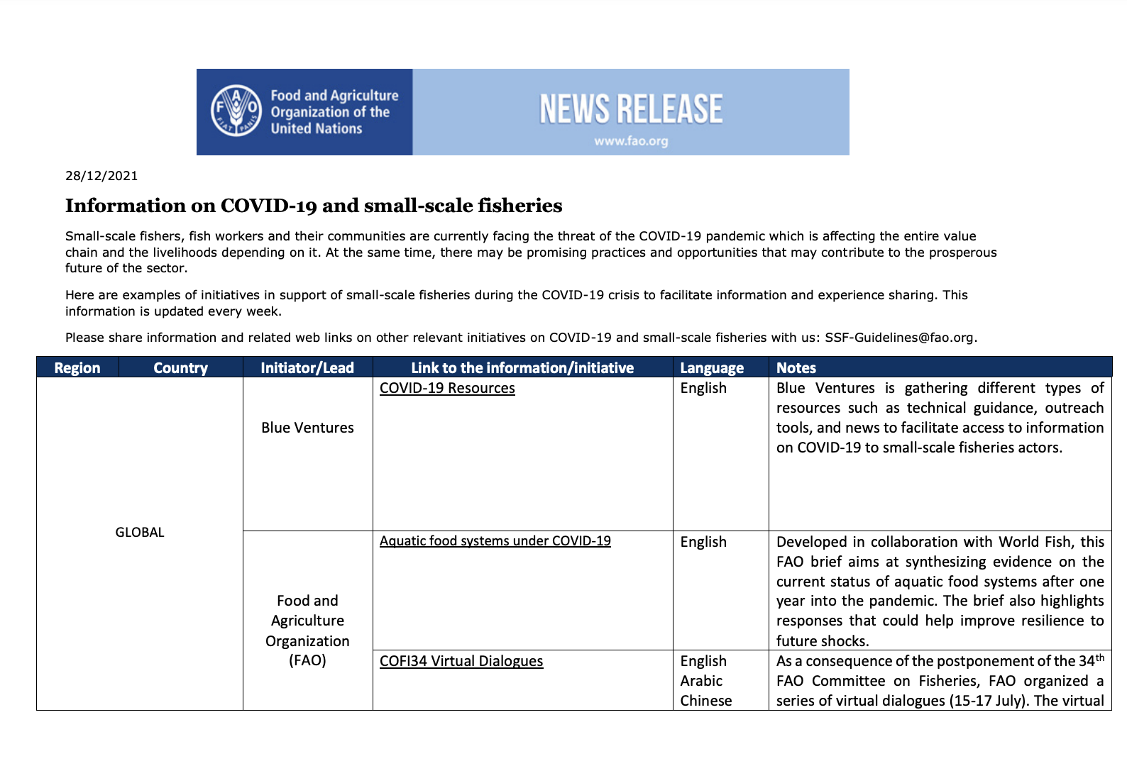News Release: Information on COVID-19 and small-scale fisheries